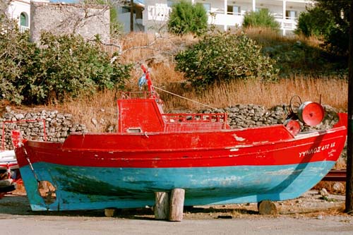 Blue and red boat. Karpathos town.