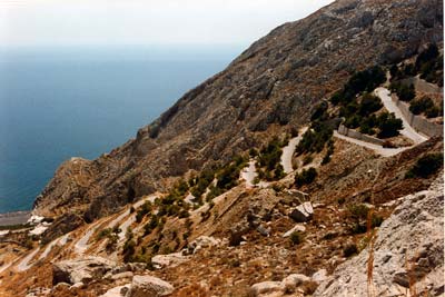 Kamari. Thge road down to Kamari from the mountain.