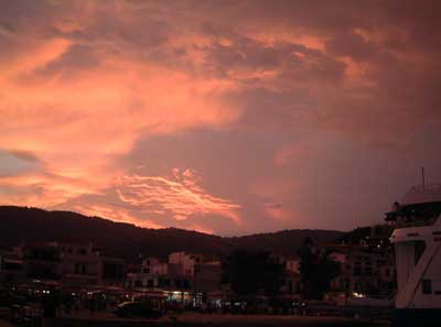 Red sky over Skiathos town
