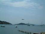 Skiathos town, incoming plane seen from The Strip